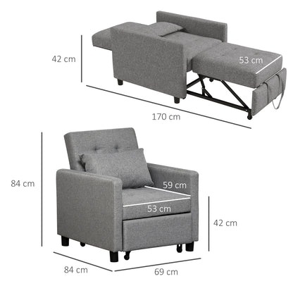 HOMCOM 3-In-1 Single Chair Bed with Adjustable Backrest in Grey
