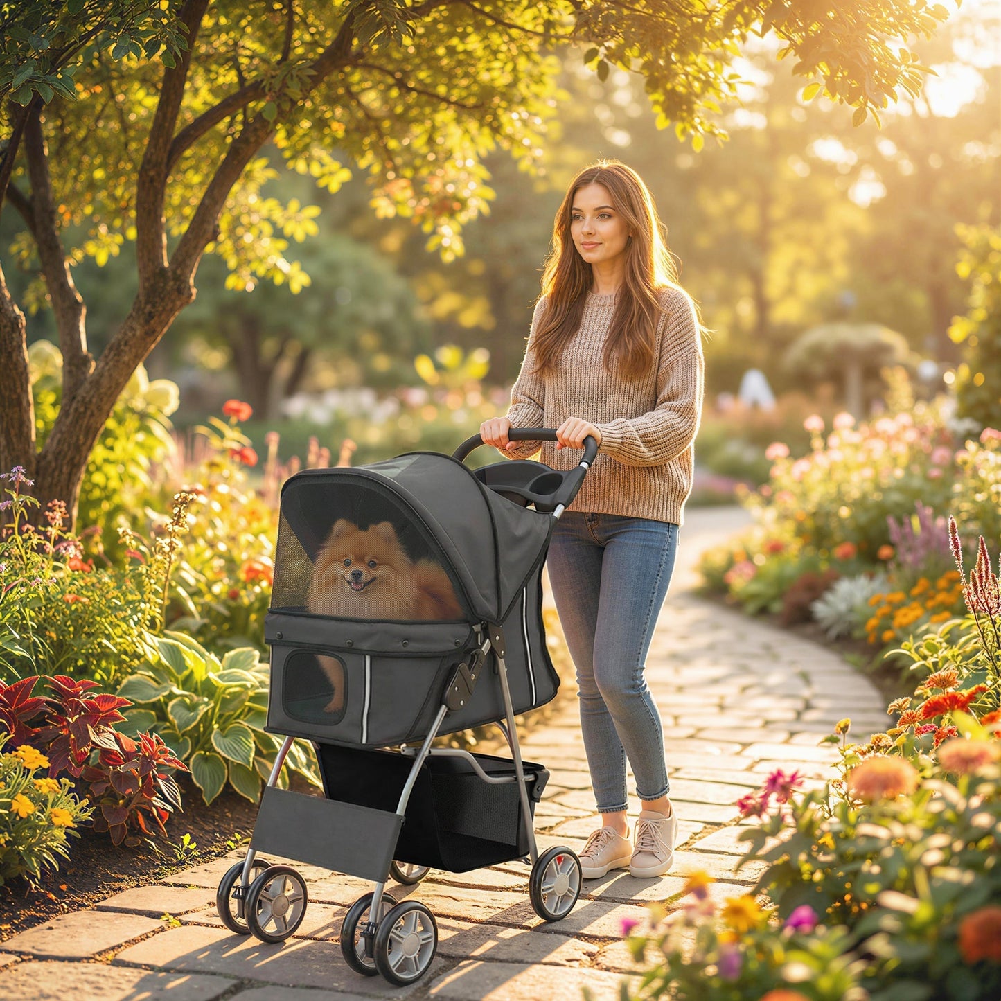 PawHut Dog Pram, Pet Stroller with Reflective Strips, Foldable Cat Stroller with 360 degrees Swivel Wheels, Dark Grey