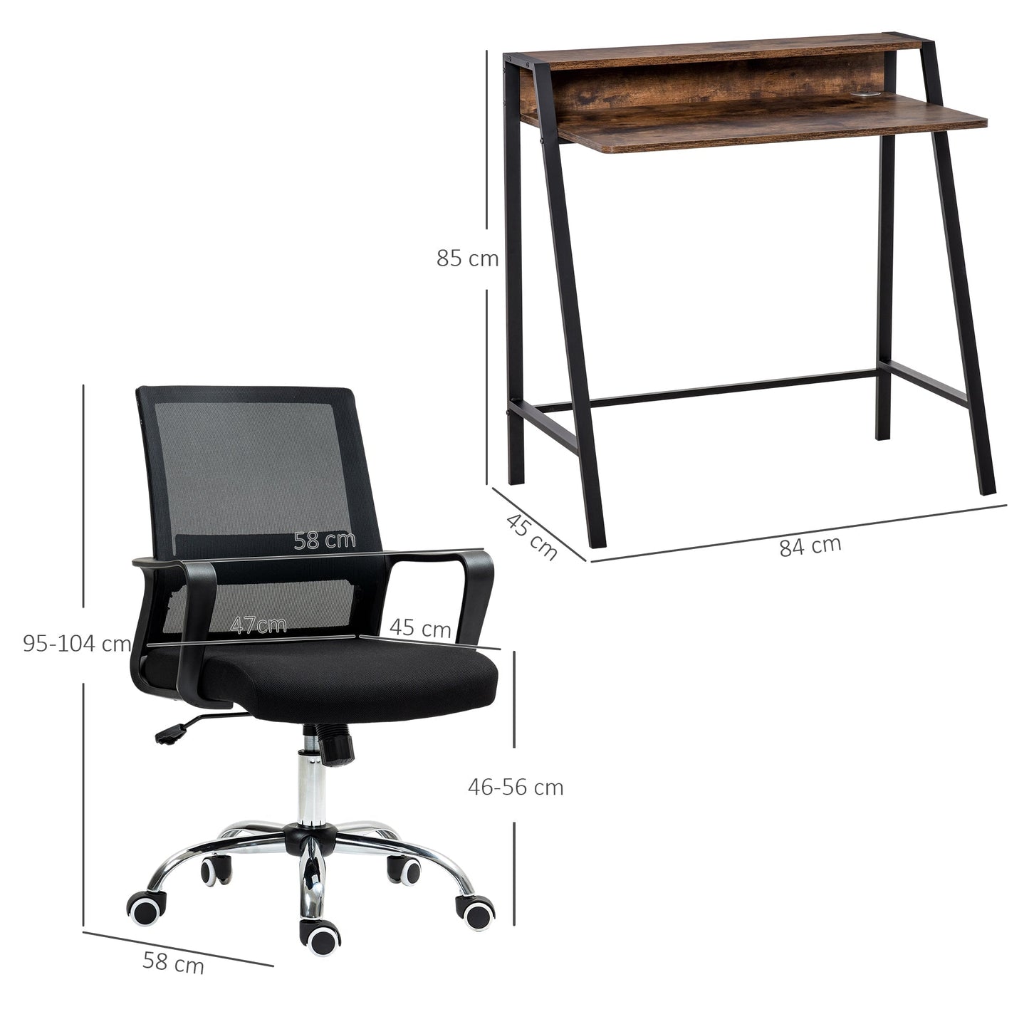 Vinsetto Home Office Chair and Computer Desk Set, Mesh Chair with Swivel Wheels, Study Desk with Storage Shelf, Rustic Brown and Black