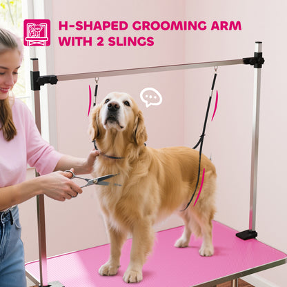 PawHut 42" Dog Grooming Table, Adjustable Pet Cat Drying Beauty Table with 2 Loops Storage Basket, Rubber Top, Pink