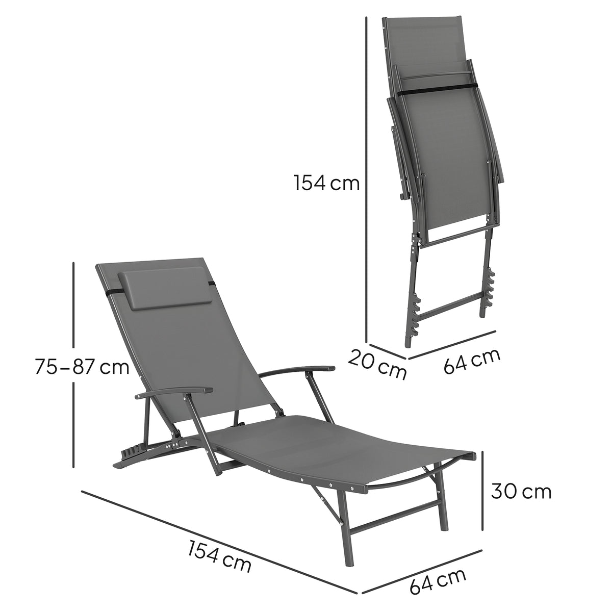 Outsunny Set of Two Adjustable Back Sun Loungers in Grey