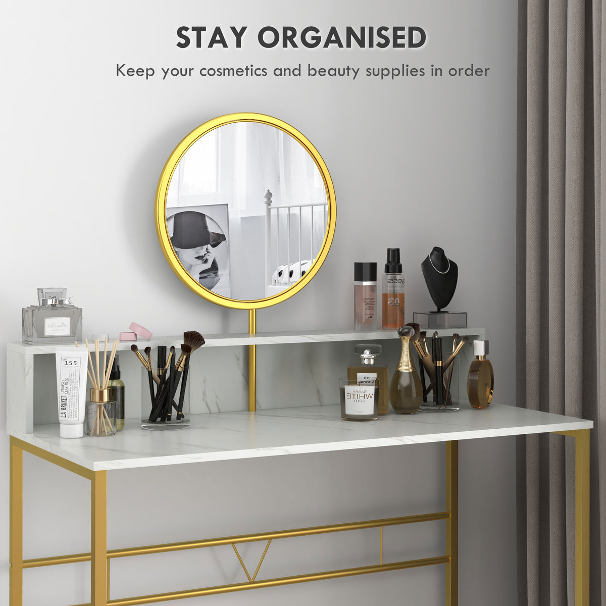 HOMCOM Modern Dressing Table with Round Mirror in White and Golden