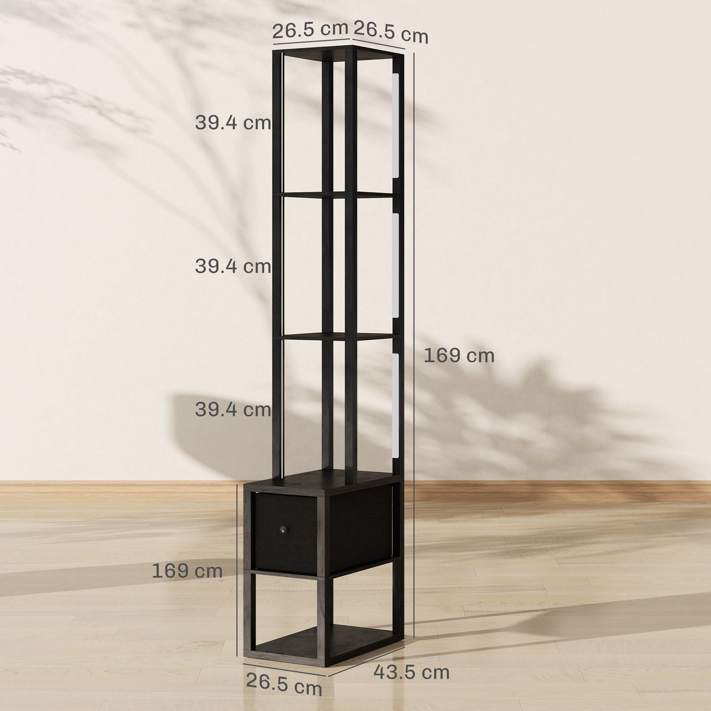 مصباح أرضي من HOMCOM مع أرفف، مصباح عمودي عصري LED قائم بذاته مع درج قماشي، إضاءة قابلة للتعديل، مفتاح قدم لغرفة المعيشة وغرفة النوم والمكتب، أسود