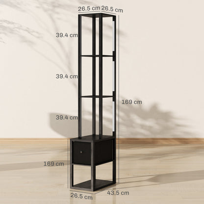 مصباح أرضي من HOMCOM مع أرفف، مصباح عمودي عصري LED قائم بذاته مع درج قماشي، إضاءة قابلة للتعديل، مفتاح قدم لغرفة المعيشة وغرفة النوم والمكتب، أسود