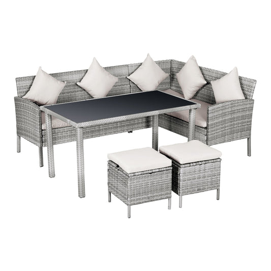 Outsunny 6-Seater Rattan Dining Set Sofa Table Footstool in Beige