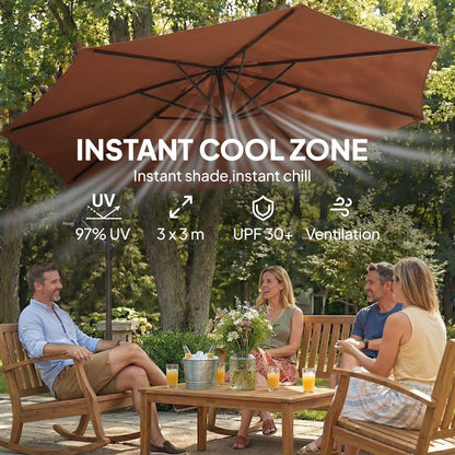 Outsunny 3 m Overhanging Cantilever Parasol, with Cross Base - Coffee
