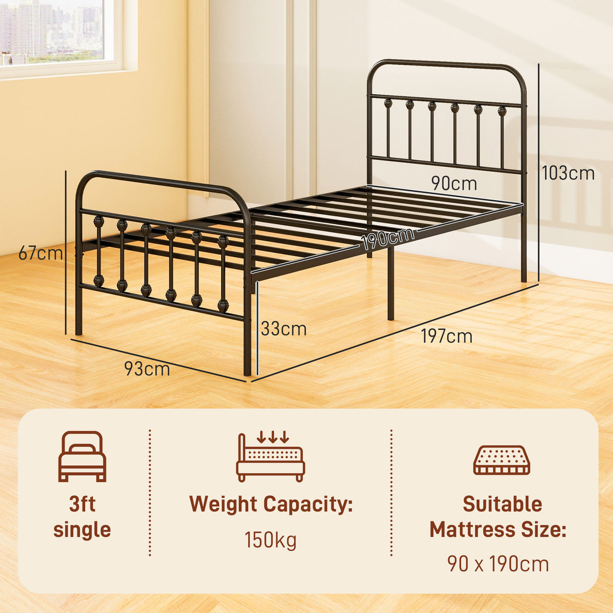 HOMCOM Single Minimalistic Metal Bed Frame in Black