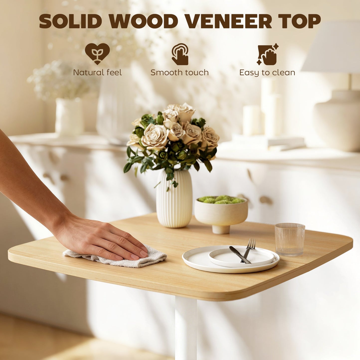 HOMCOM Small Dining Table, 60 cm Square Kitchen Table with Wood-veneer Top and Steel Base - Natural Wood Finish