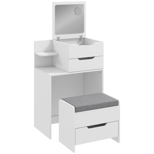 HOMCOM Vanity Desk Flip Top Hidden Mirror Vanity Rolling Stool Open Shelf White Wood Effect