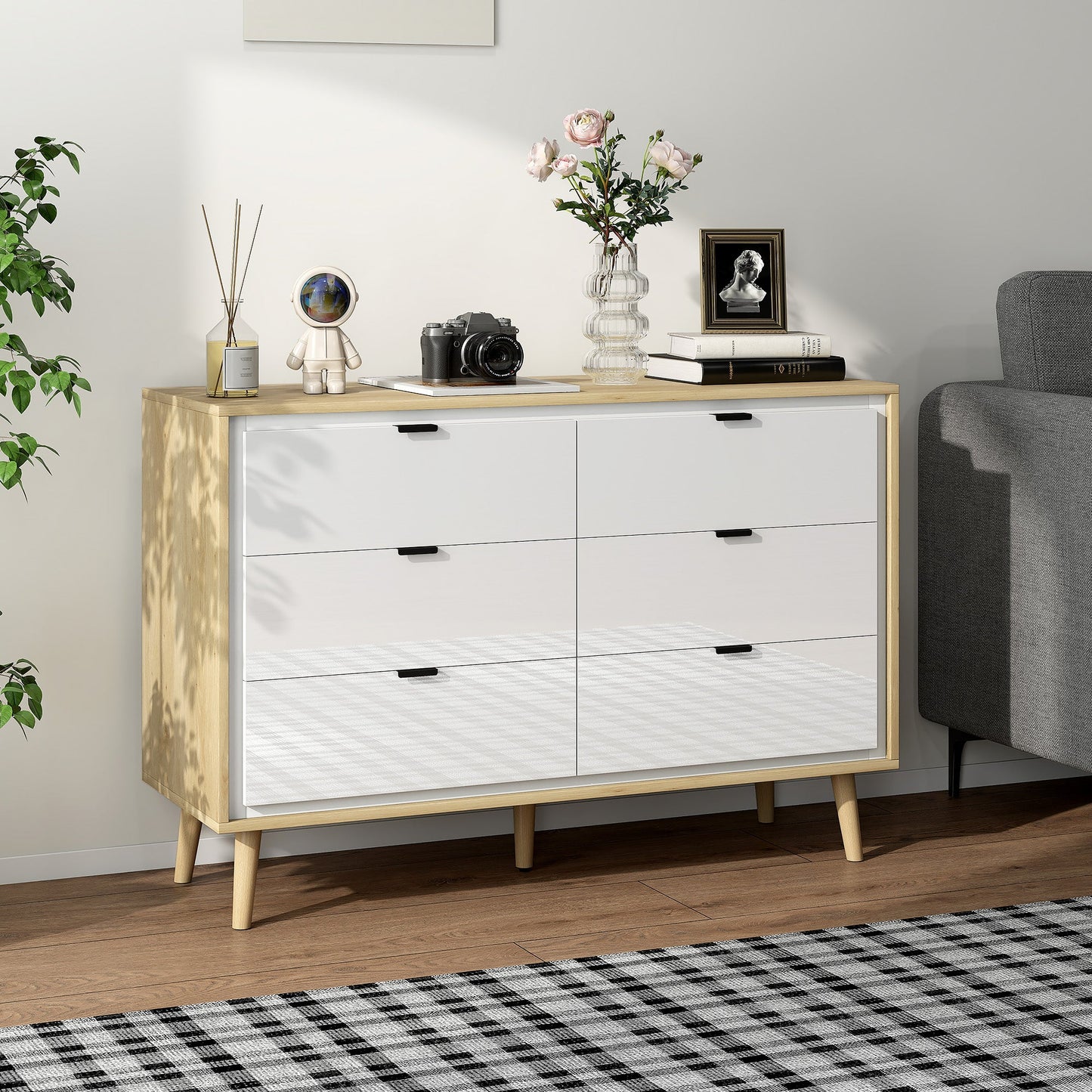 HOMCOM Storage Cabinet, Chest of Drawers with 6 Drawers and 5 Legs for Bedroom, High Gloss White