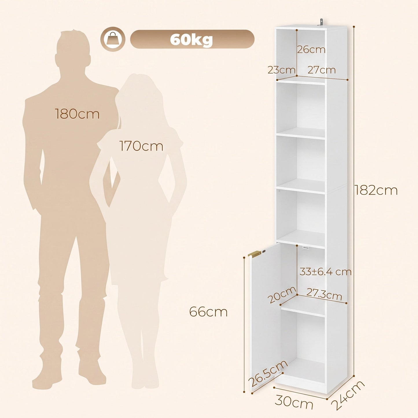HOMCOM Bookcase Adjustable Shelf Bookshelf Anti-Tip Hardware 6-Tier Storage Cabinet White Wood Effect