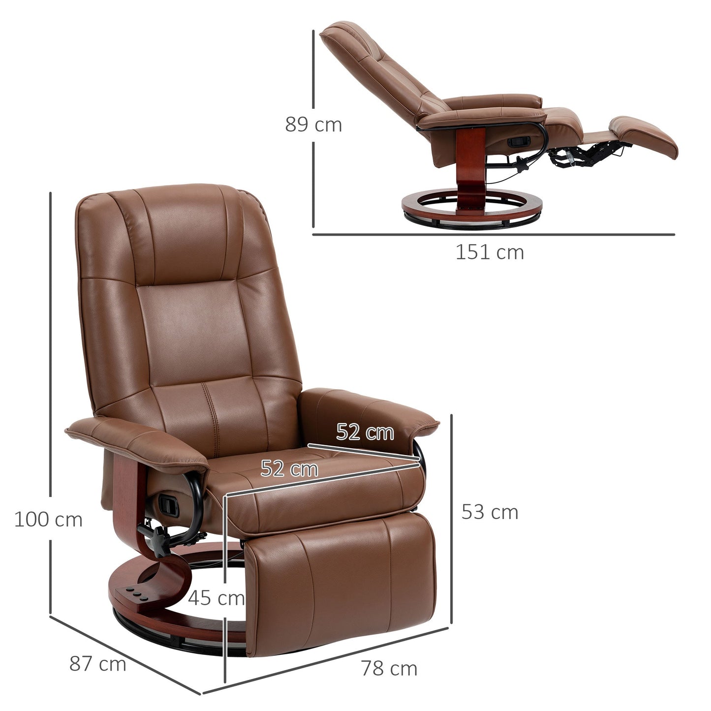 HOMCOM Faux Leather Armchair, with 145 degrees Reclining Back and Footrest - Brown