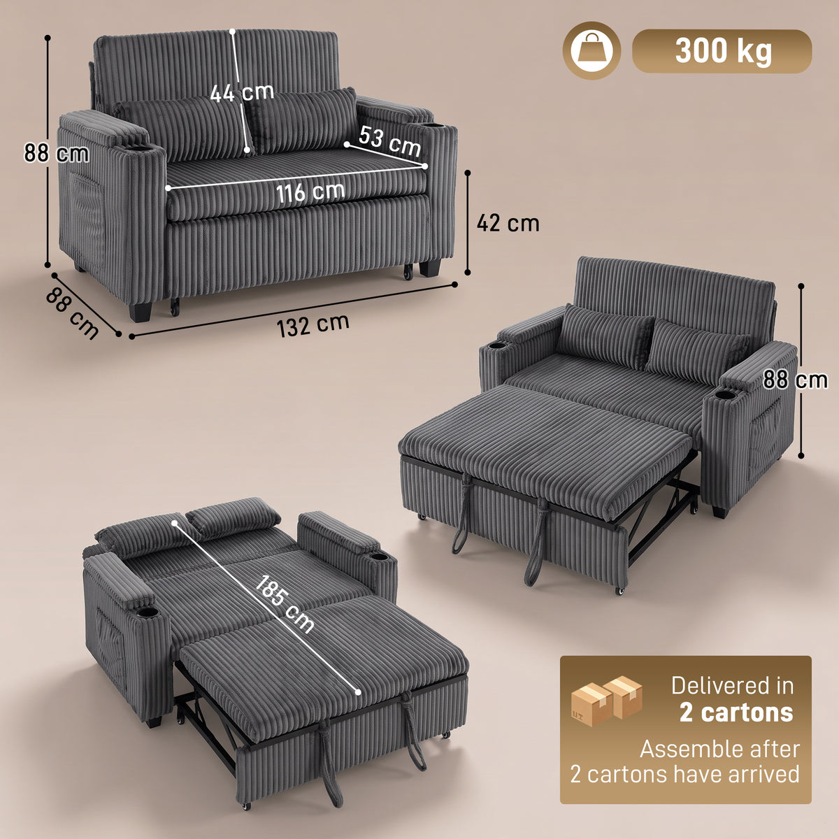 HOMCOM 2 Seater Sofa Bed in Dark Grey