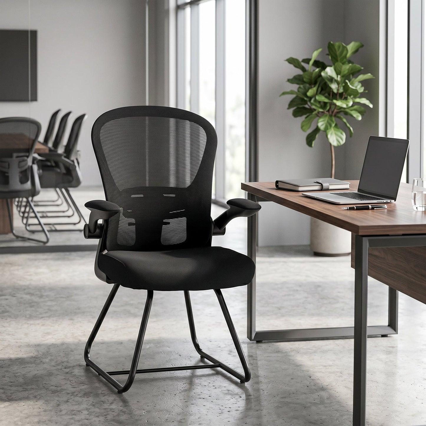 HOMCOM Reception Chair, Conference Meeting Office Chair with Flip-up Armrest, Mesh Backrest, Lumbar Support and Metal Base