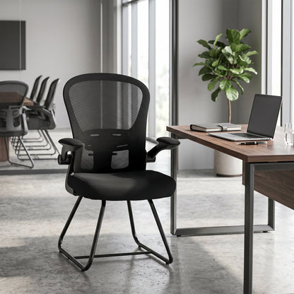 HOMCOM Reception Chair, Conference Meeting Office Chair with Flip-up Armrest, Mesh Backrest, Lumbar Support and Metal Base
