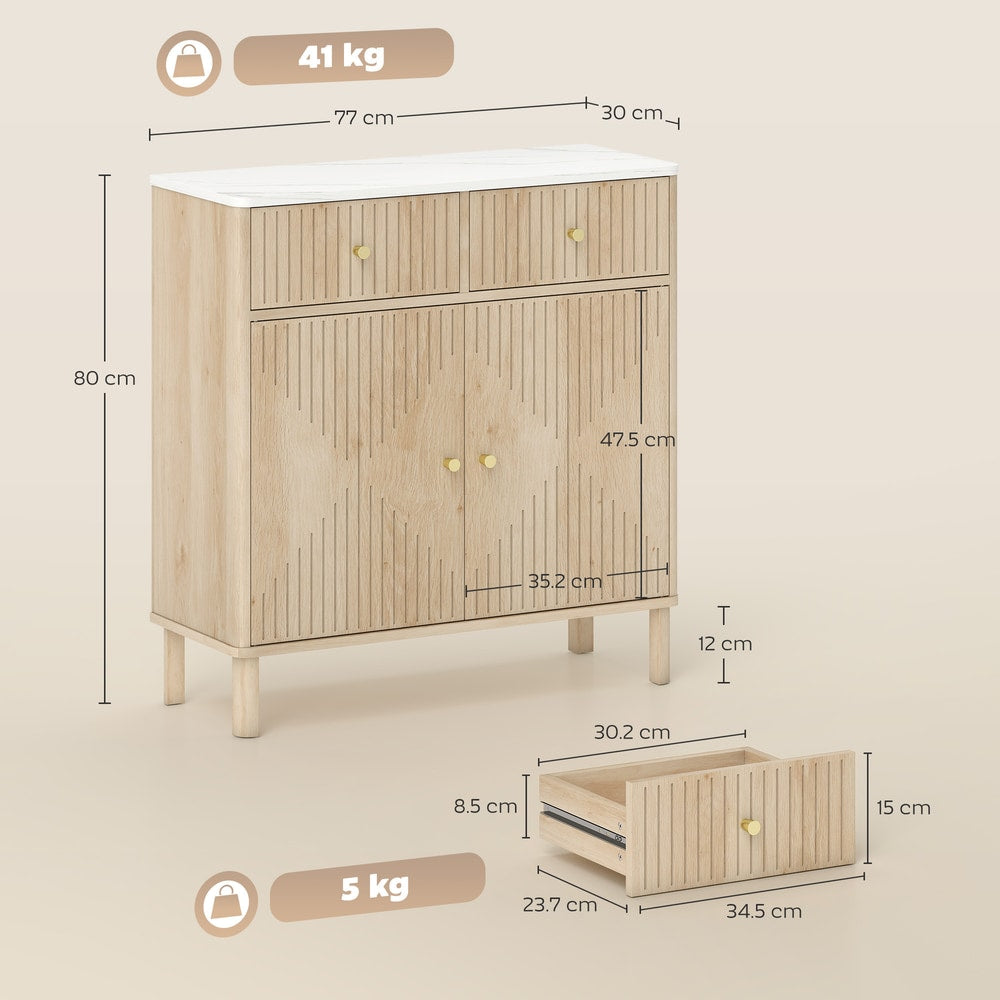HOMCOM Sideboard Storage Cabinet, Fluted Kitchen Cupboard with Marble-Effect Top, 2 Drawers, 2 Doors and Adjustable Shelf, Oak