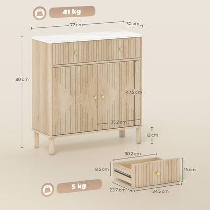 HOMCOM Sideboard Storage Cabinet, Fluted Kitchen Cupboard with Marble-Effect Top, 2 Drawers, 2 Doors and Adjustable Shelf, Oak
