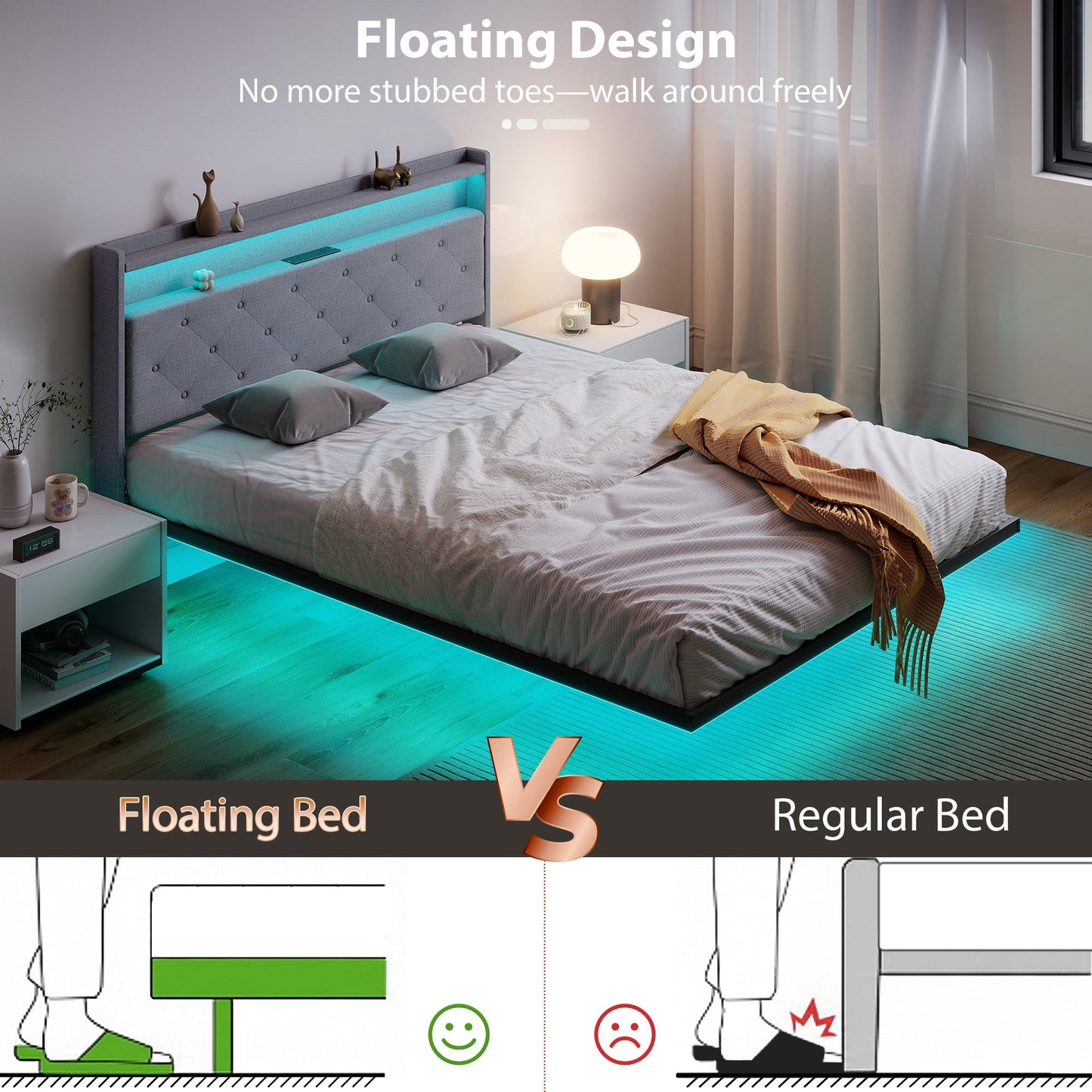 إطار سرير HOMCOM عائم، سرير بحجم كينج 5 قدم منجد، سرير منصة مع أضواء LED RGB ومحطة شحن، رمادي