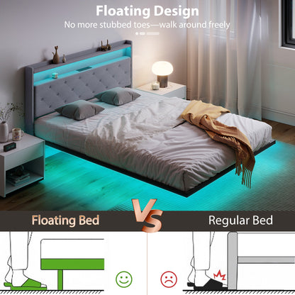 إطار سرير HOMCOM عائم، سرير بحجم كينج 5 قدم منجد، سرير منصة مع أضواء LED RGB ومحطة شحن، رمادي