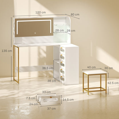 HOMCOM Dressing Table with LED Mirror and Stool, L-Shaped Vanity Desk with Drawers and Shelves, White