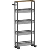 HOMCOM Slim Storage Trolley, 5-Tier Kitchen Cart on Wheels with Wood-effect Top, Handle for Living Room, Bathroom, Black