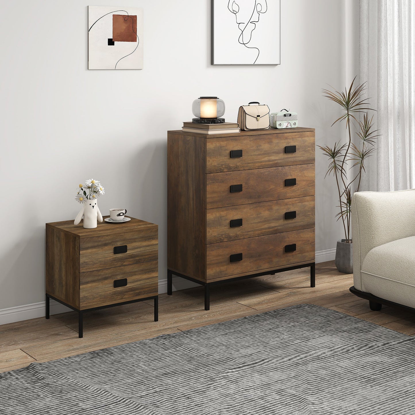 HOMCOM Chest of Drawers, Bedside Table Set with Drawers, Coffee