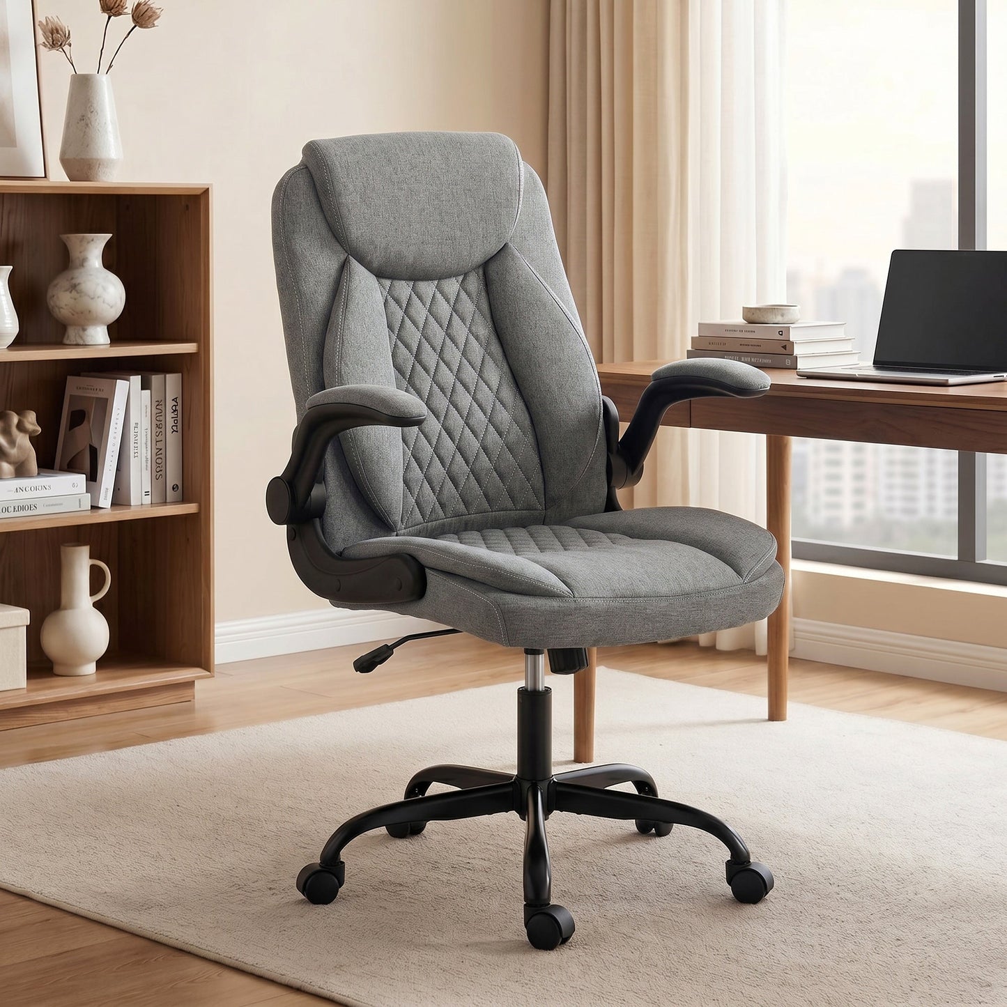 HOMCOM Linen-Look Computer Desk Chair, Executive Office Chair with Flip-Up Armrests and Thick Cushion, Grey