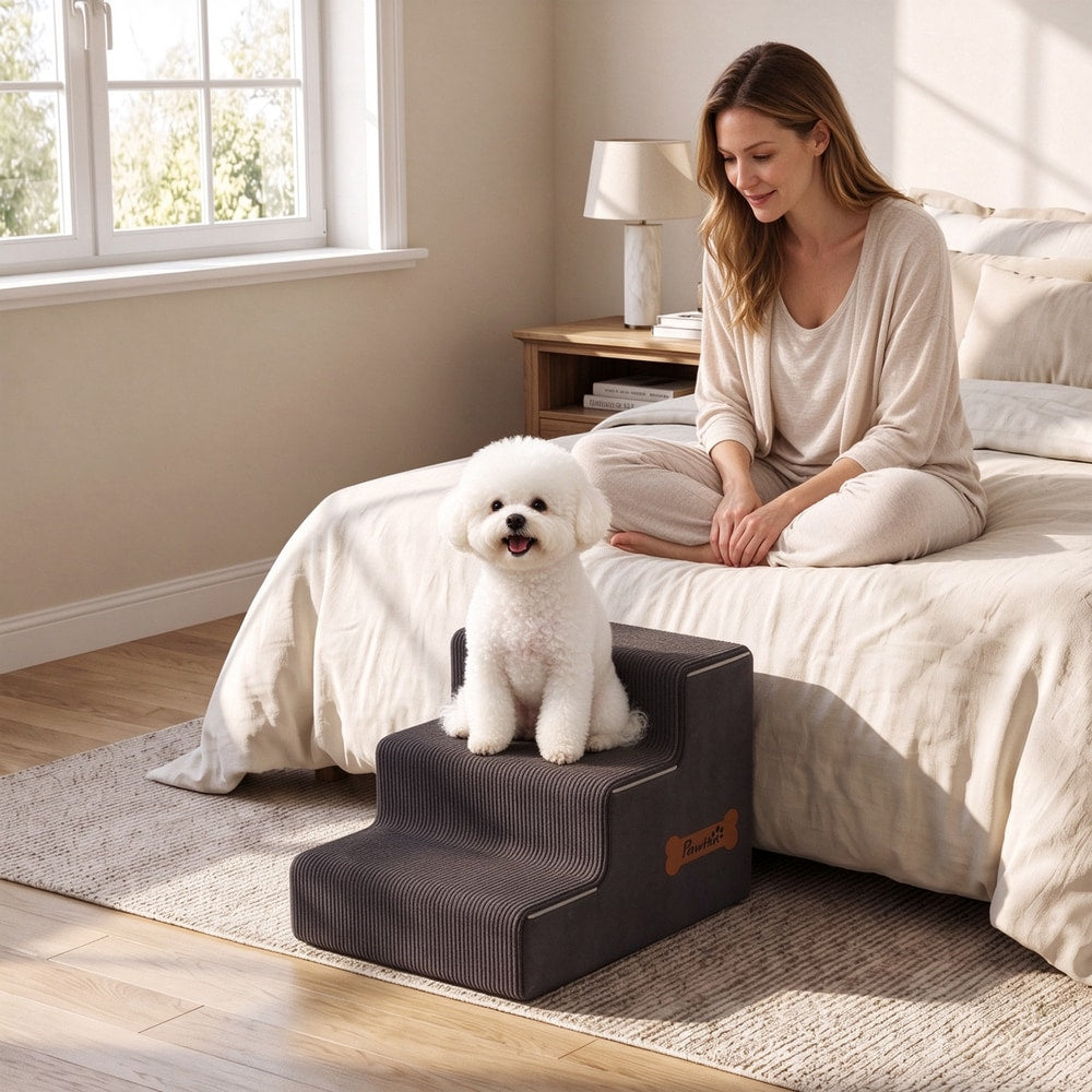 PawHut Dog Steps, 3-Step Dog Stairs for Bed and Sofa, Pet Stairs with Carry Handle, Washable Cover