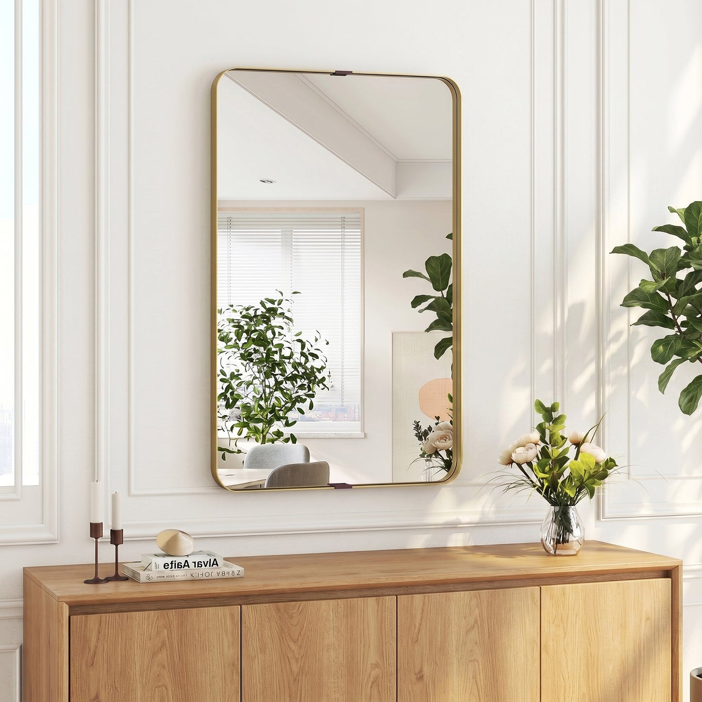 HOMCOM Rectangular Wall Mirror, 90 x 60 cm Wall Mounted Bathroom Mirror w/ Aluminium Alloy Frame and Tempered Glass, Gold Tone