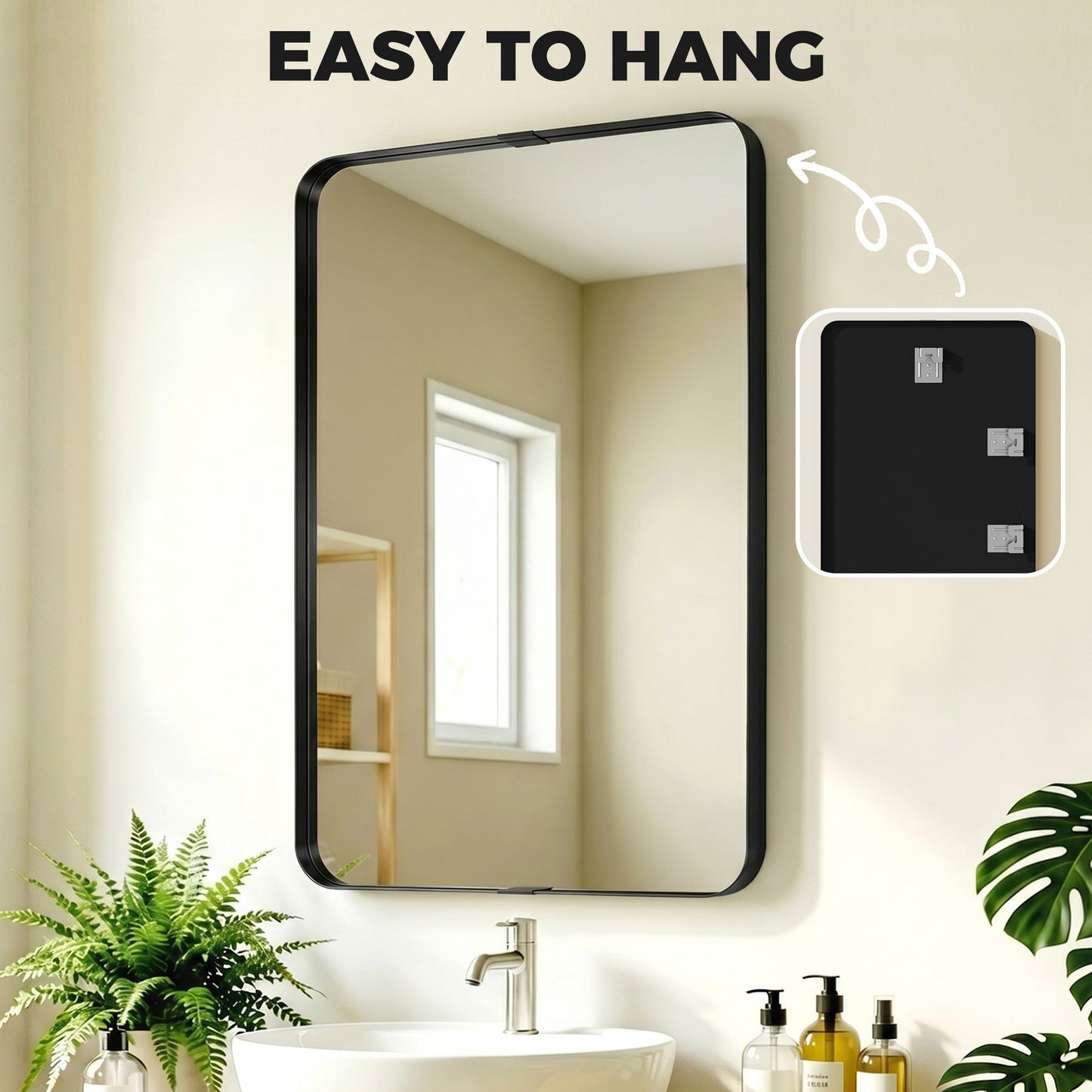 HOMCOM Rectangular Wall Mirror, 90 x 60 cm Wall Mounted Bathroom Mirror with Aluminium Alloy Frame and Tempered Glass, Black