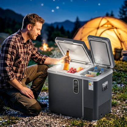 Outsunny 55L Compressor Car Fridge Freezer, Dual Zone Camping Refrigerator with App Control, Grey