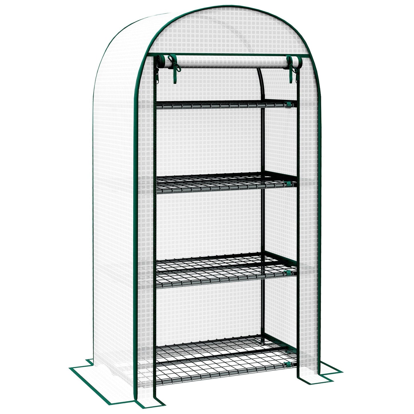 صوبة زراعية صغيرة من 4 طبقات من Outsunny للاستخدام الخارجي، صوبة محمولة لزراعة النباتات مع رف تخزين، باب ملفوف بسحاب، إطار معدني وغطاء بولي إيثيلين، 80 × 49 × 160 سم، أبيض