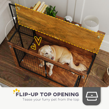 PawHut Dog Crate Furniture with Flip-up Top, 2 Doors, for Large Dogs, 98 x 60 x 65.5cm, Rustic Brown