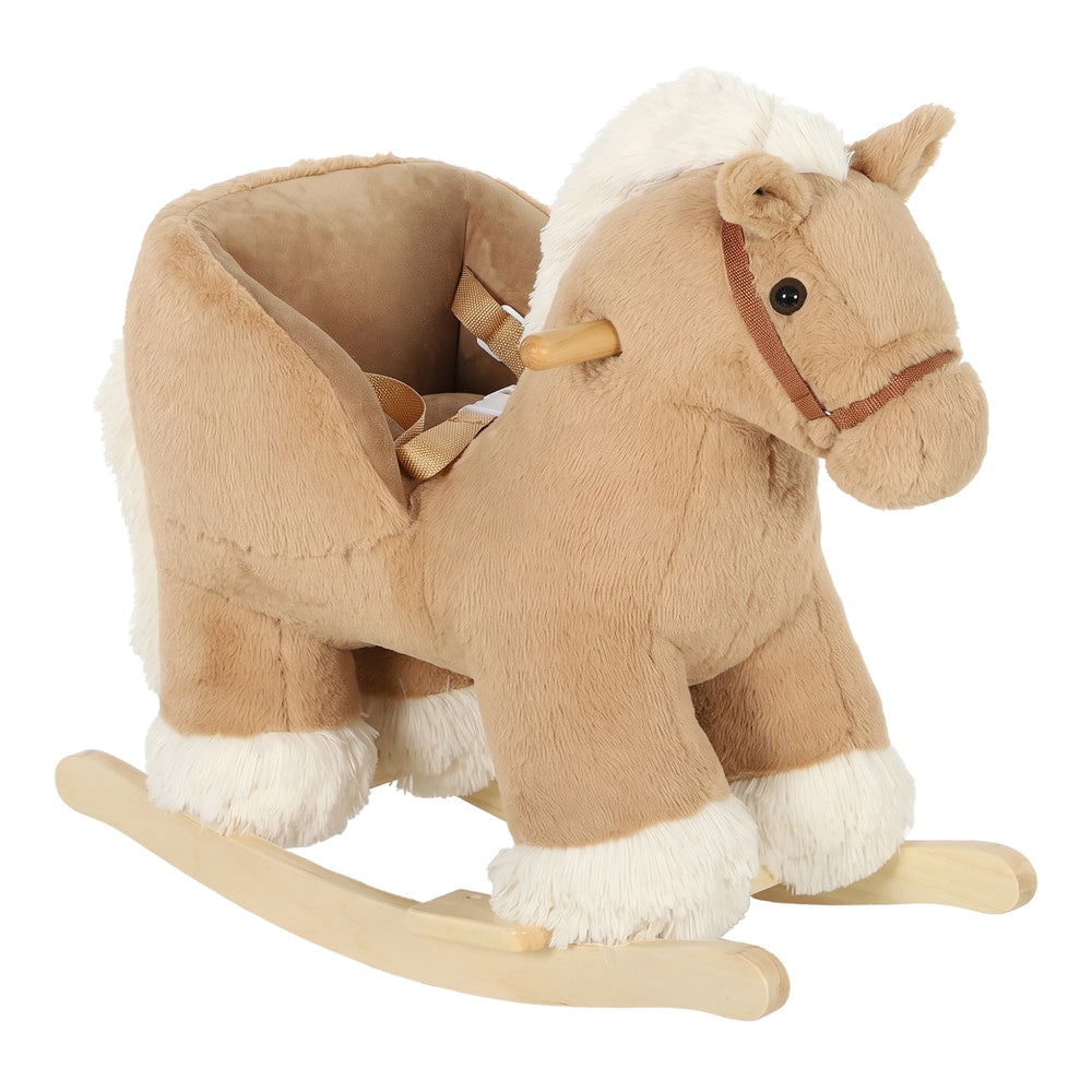 AIYAPLAY Kids Rocking Horse, Children Plush Ride On Animal Rocker w/Sound, Seat Belt, Wood Base Seat for Toddlers 18-36 M, Brown