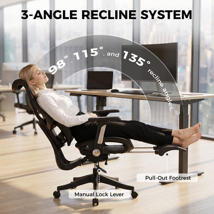 HOMCOM Ergonomic Office Chair with Lumbar Support, Mesh Reclining Desk Chair with Footrest, Adjustable High Back, Black