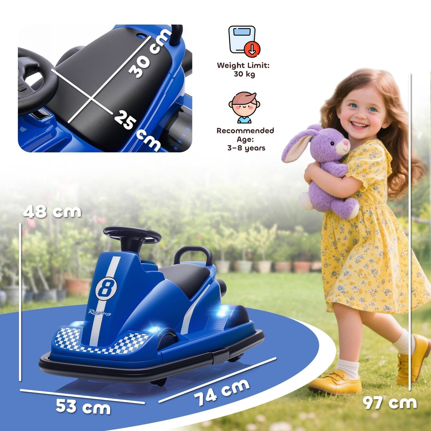 AIYAPLAY Kids Bumper Car, 360 degrees Rotation Spin Electric Waltzer Car with LED Lights, Music for Ages 3-8 Years Old, Blue