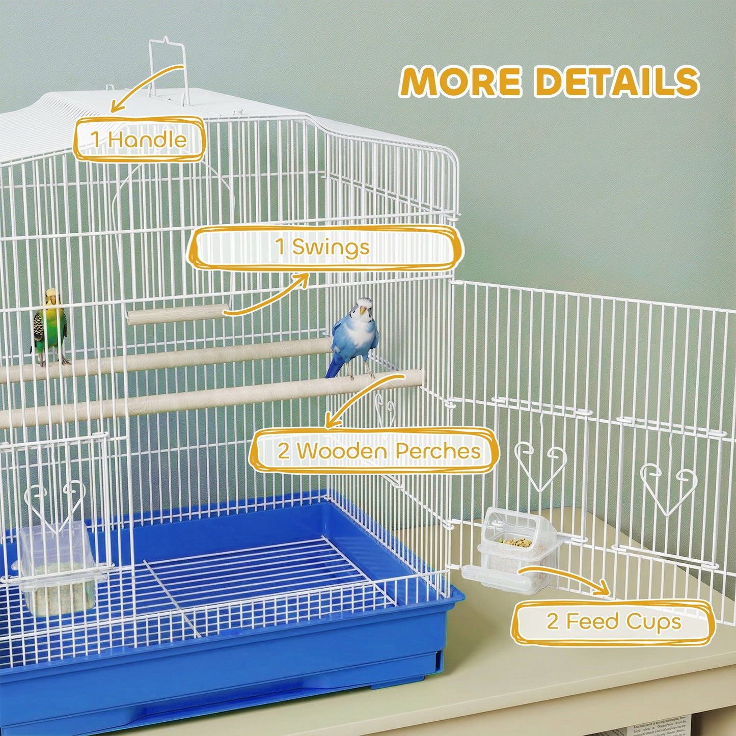PawHut Large Metal Bird Cage with Perches, Food Bowls, Swing, for Budgies, Parakeets, Blue