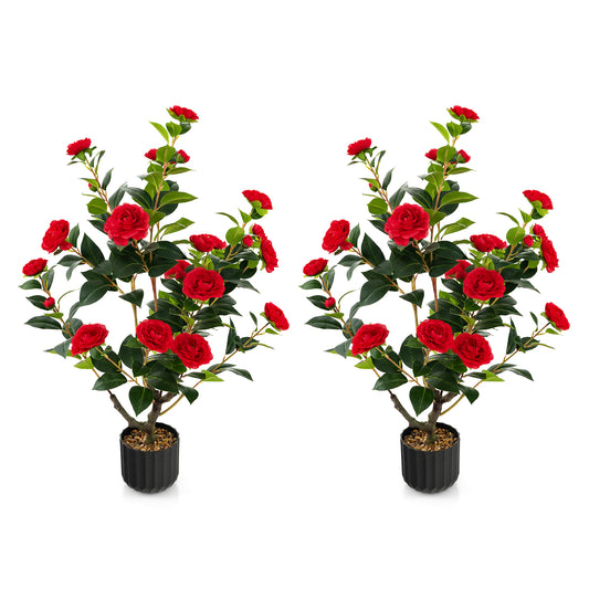 1/2 Pieces 95cm Artificial Camellia Tree standing side by side against a white background