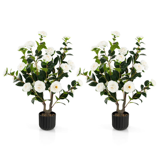 1/2 Pieces 95cm Artificial Camellia Tree with white flowers and black ribbed pots