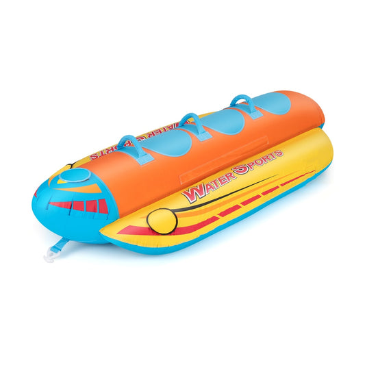 Riders Inflatable Banana Boat Towable Tube with orange and yellow body and blue accents