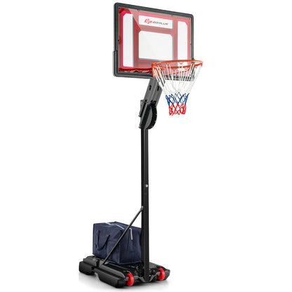 The adjustable basketball hoop stands alone on a white background with a blue bag attached to the base