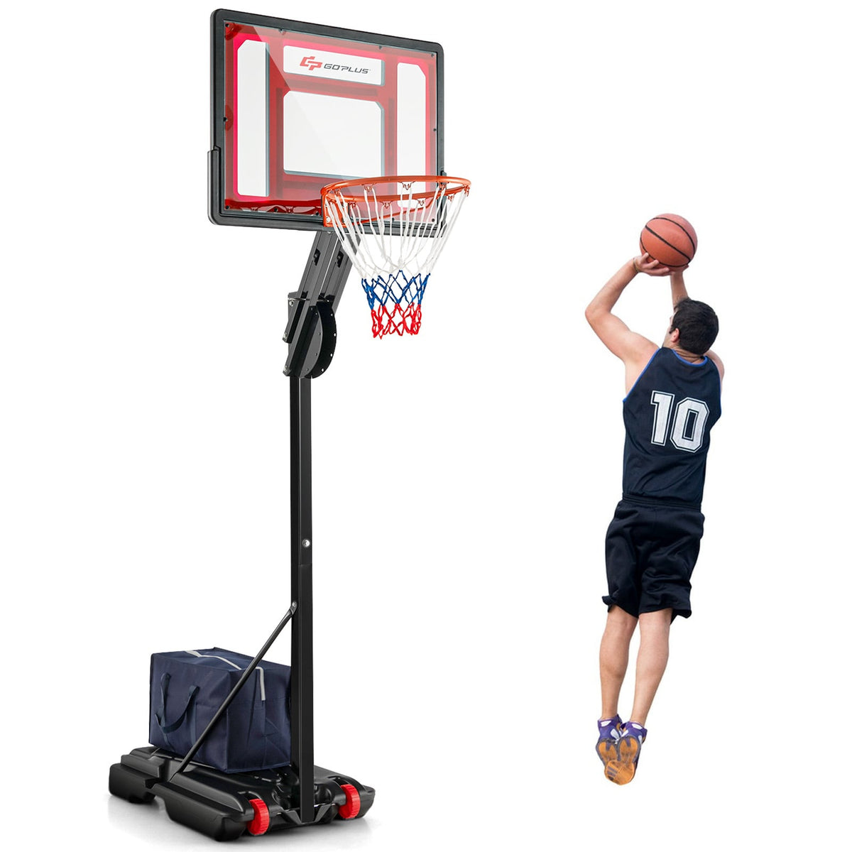1.55-3.1M Height Adjustable Basketball Hoop with Wheels, a man in a blue jersey shoots a basketball next to the hoop