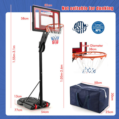 A diagram shows the dimensions of the adjustable basketball hoop and its storage bag