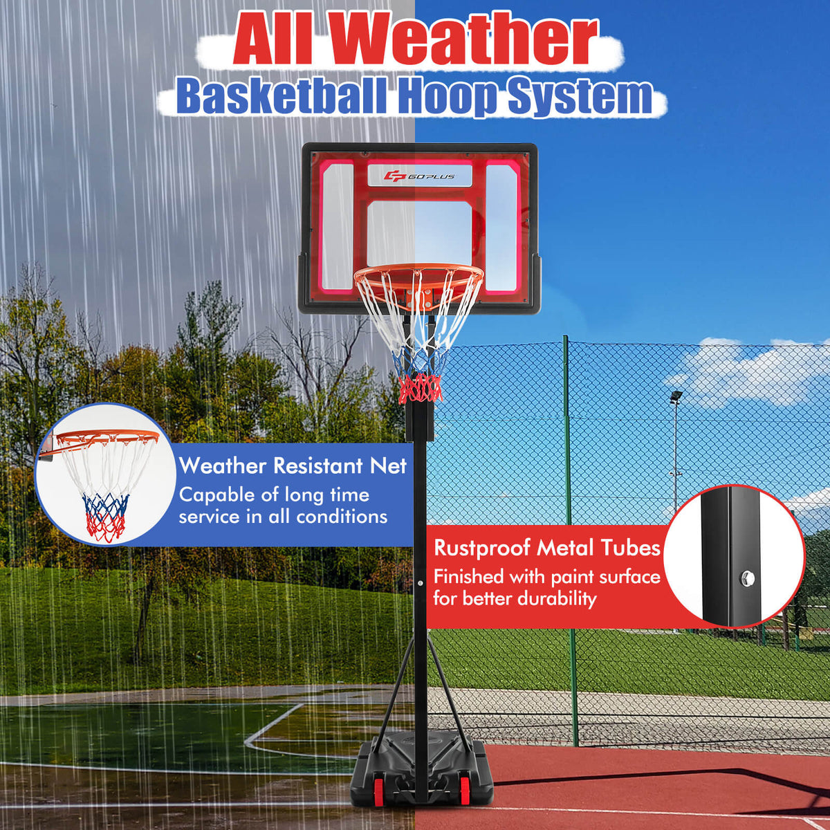 The all-weather basketball hoop system is shown with text highlighting its features