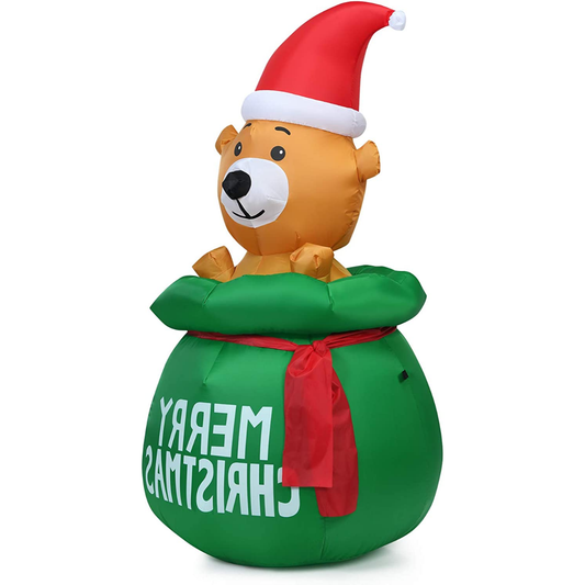 1.5M Blow Up Inflatable LED Christmas Cute Bear standing in a green sack with a red ribbon
