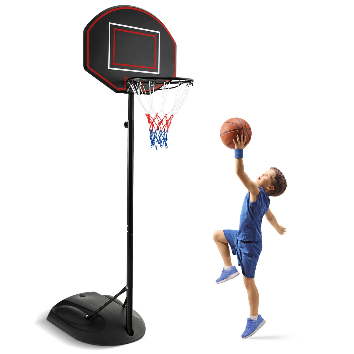 1.67 m-2.28 m Portable Basketball Hoop System with a boy jumping to shoot a basketball