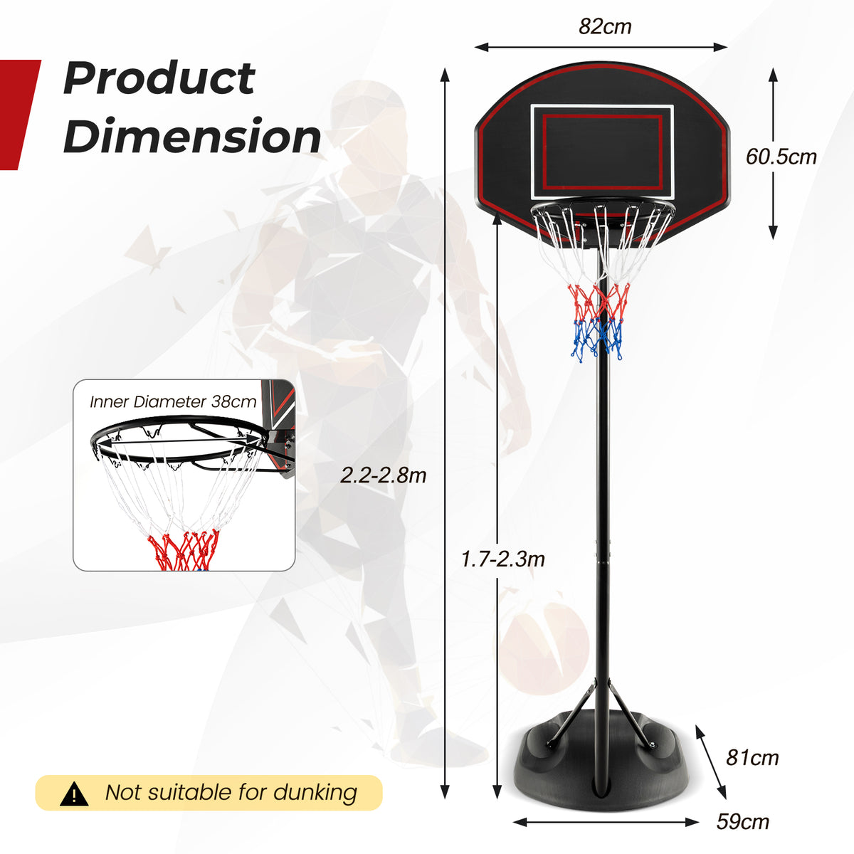 The portable basketball hoop showing height and width dimensions