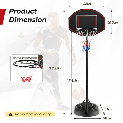 The portable basketball hoop showing height and width dimensions