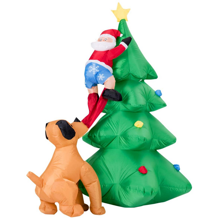 1.8m Inflatable Dog Chasing Santa to a Christmas Tree with LED Lights, a fun decoration of a dog pulling Santa up a tree
