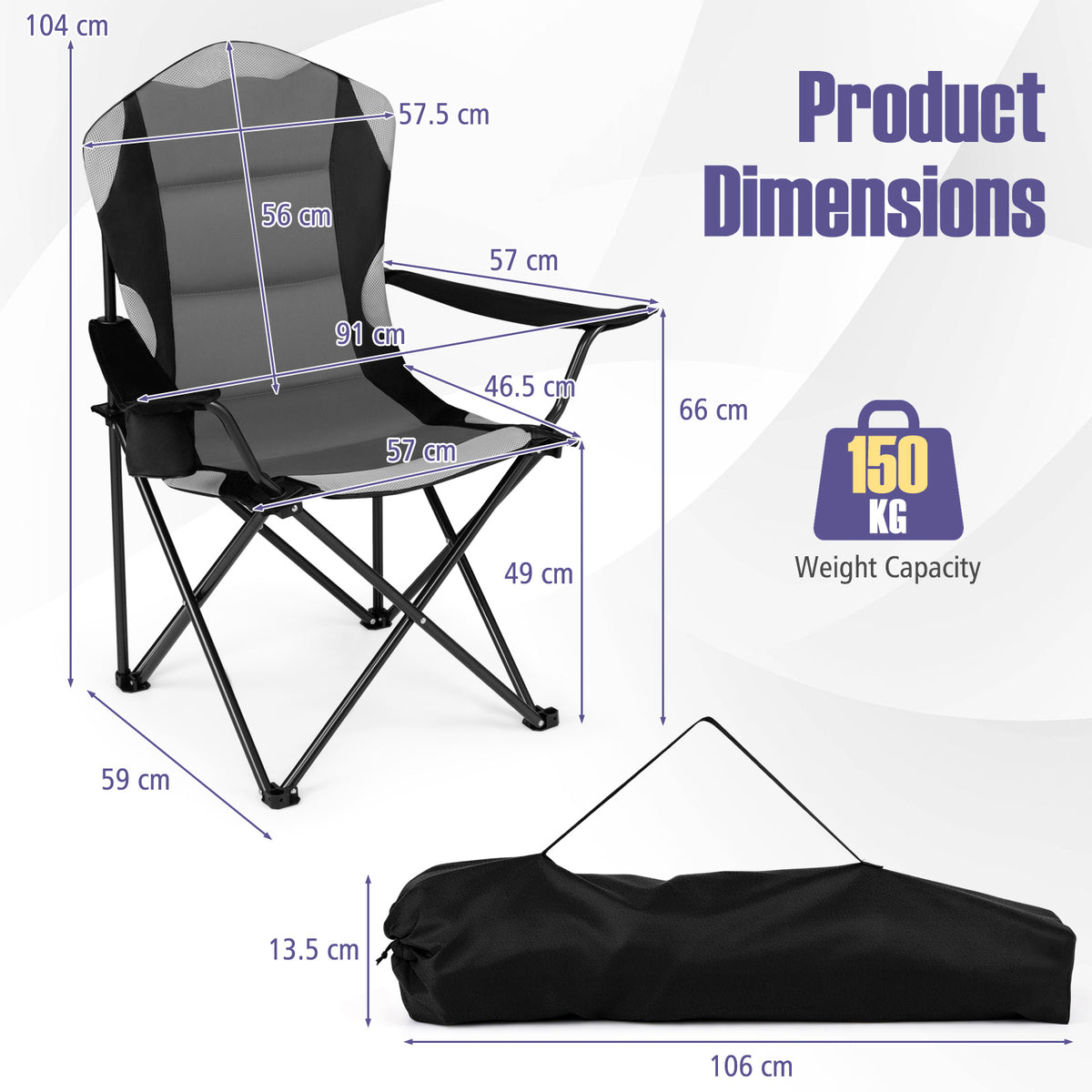 1 Pieces Folding Camping Chairs for Adults with Cup Holders-Black